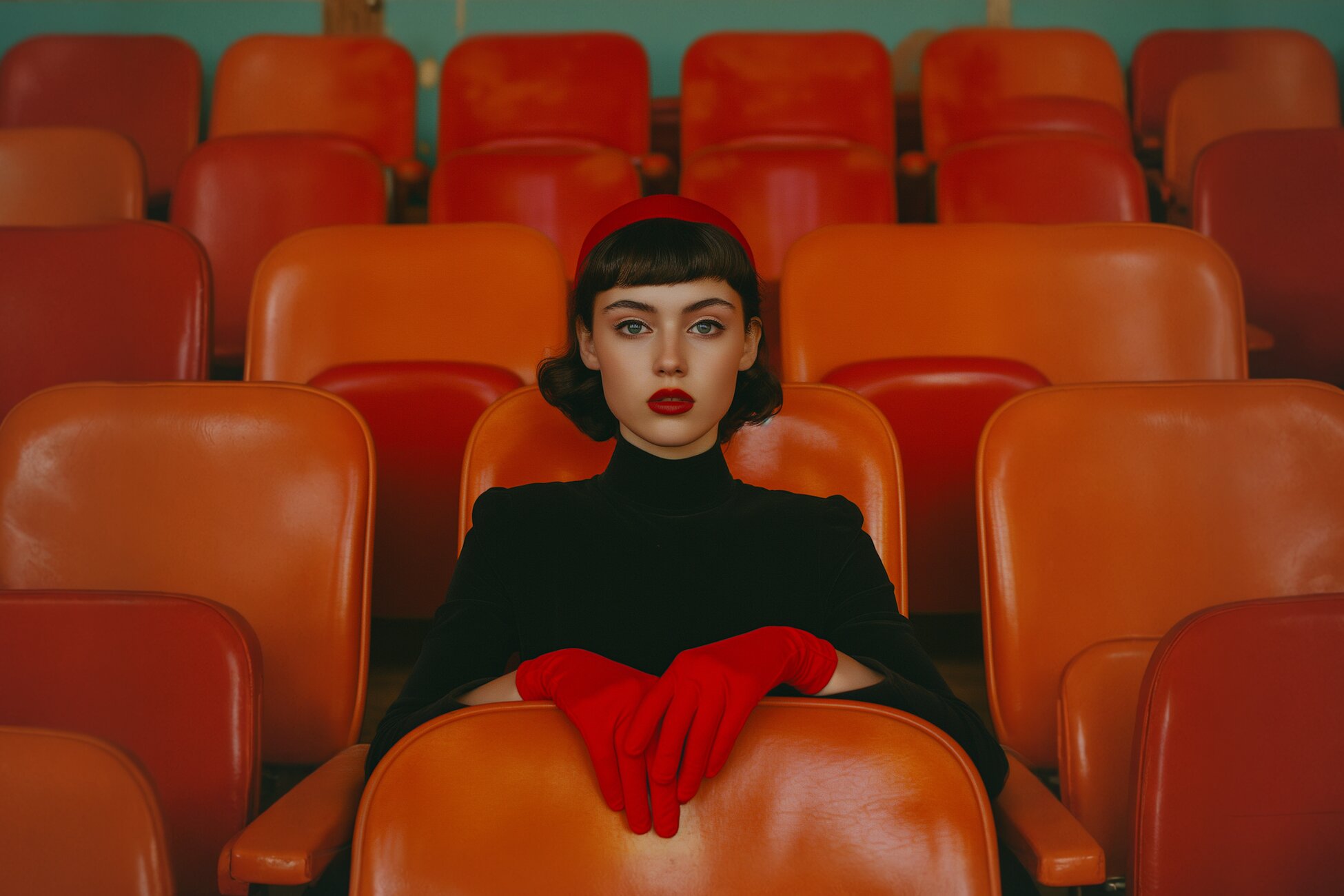 Young woman with striking makeup seated among red velvet theater seats — Aurenza Artistic Agency
